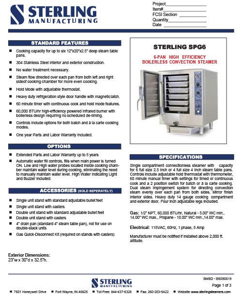 Sterling Steamer Gas Spec Sheet